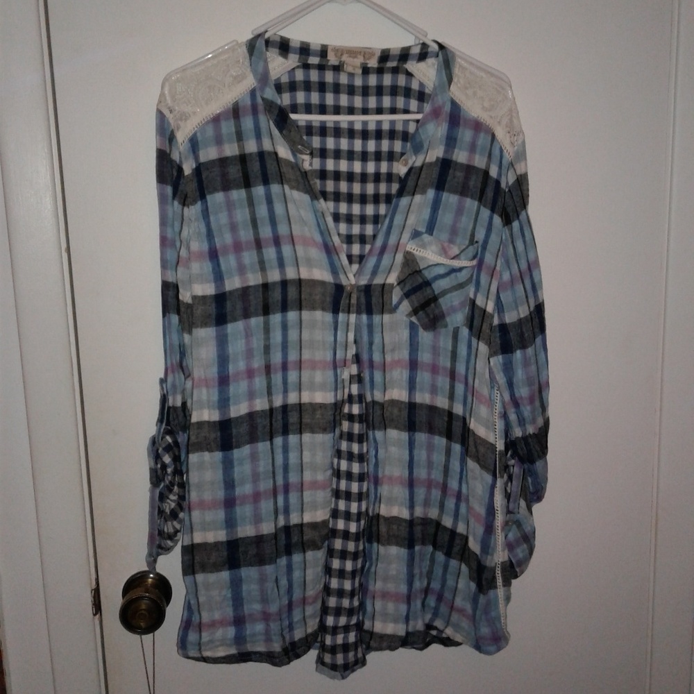 LACE PLAID BUTTON UP SHIRT